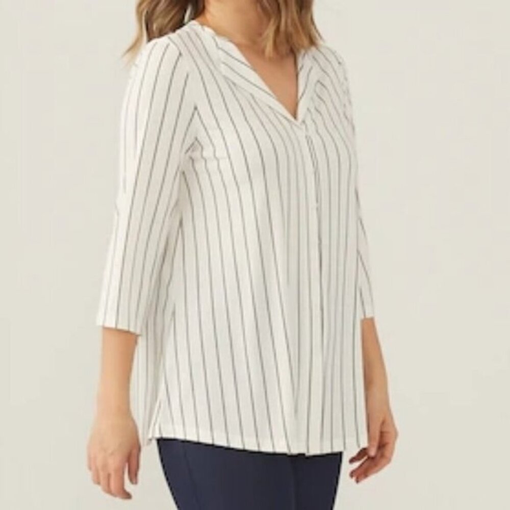 New Kim & Co. White Stripe 3/4 Sleeve Button Front Shirt Top Size Small bin 4E